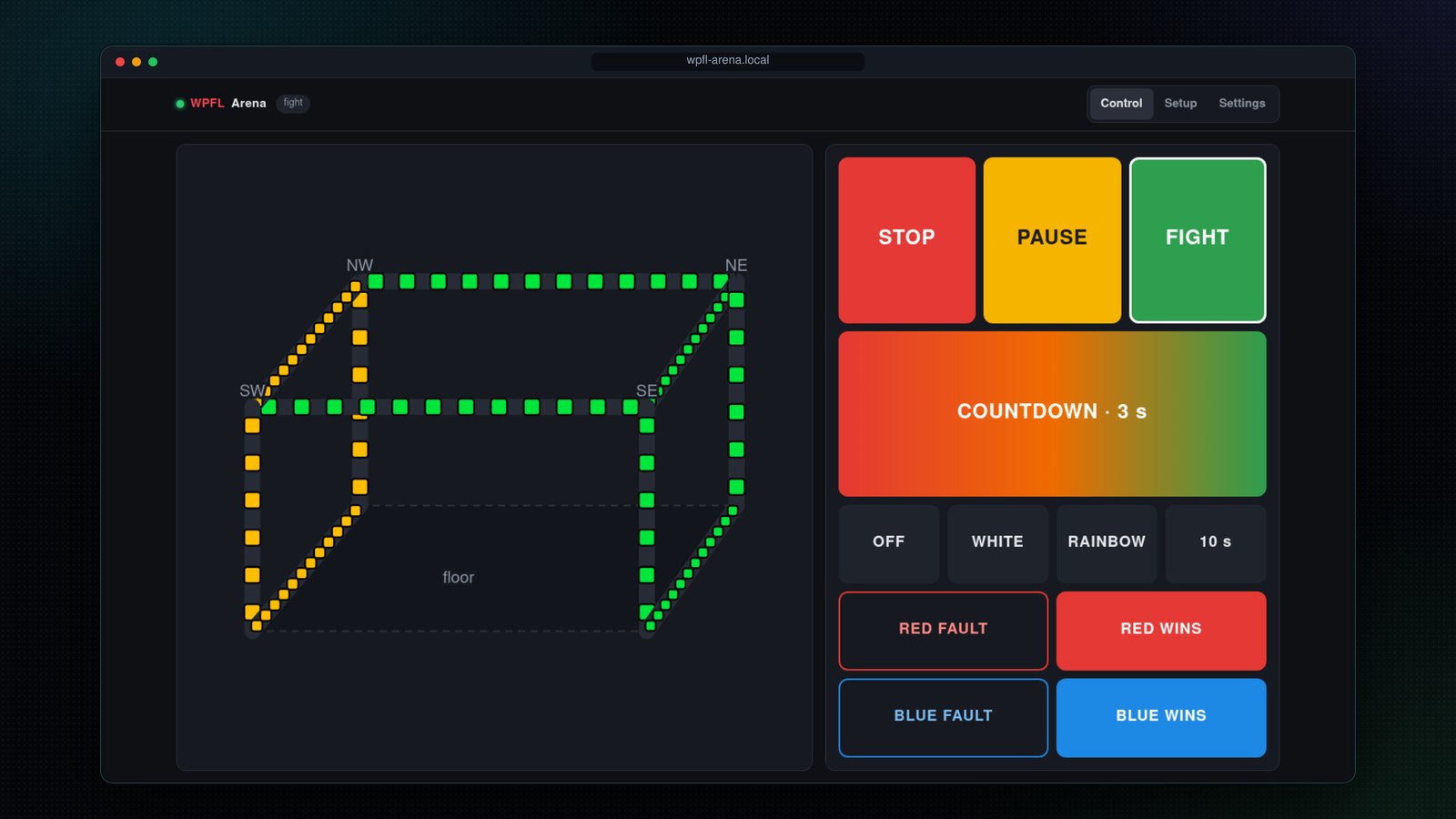 Arena LED driver control page with the live arena preview
