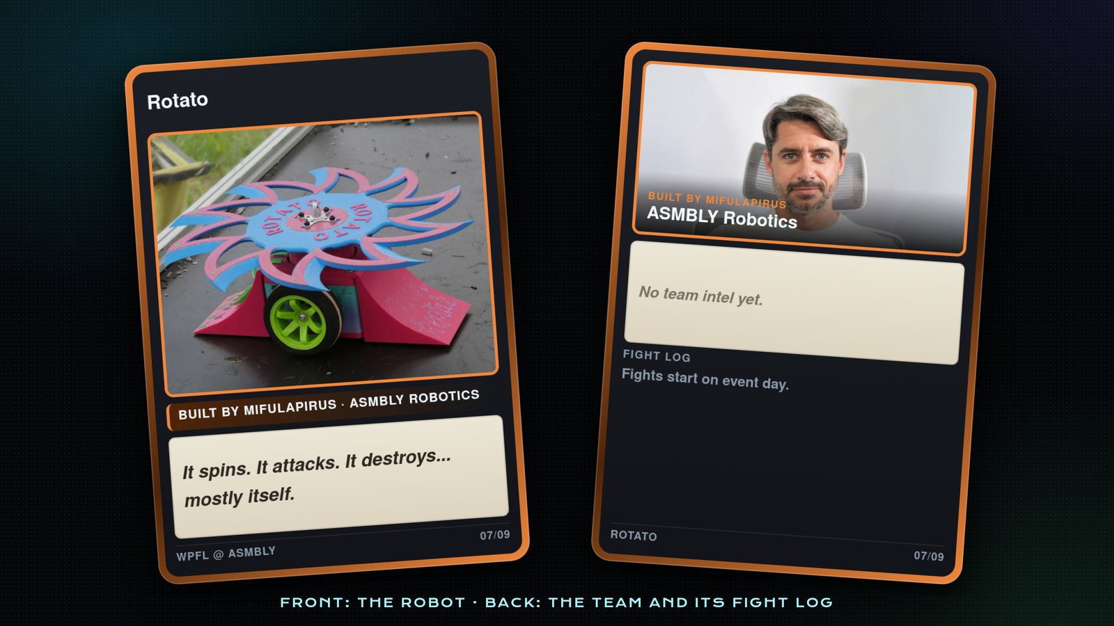 Rotato's battlecard, front and back