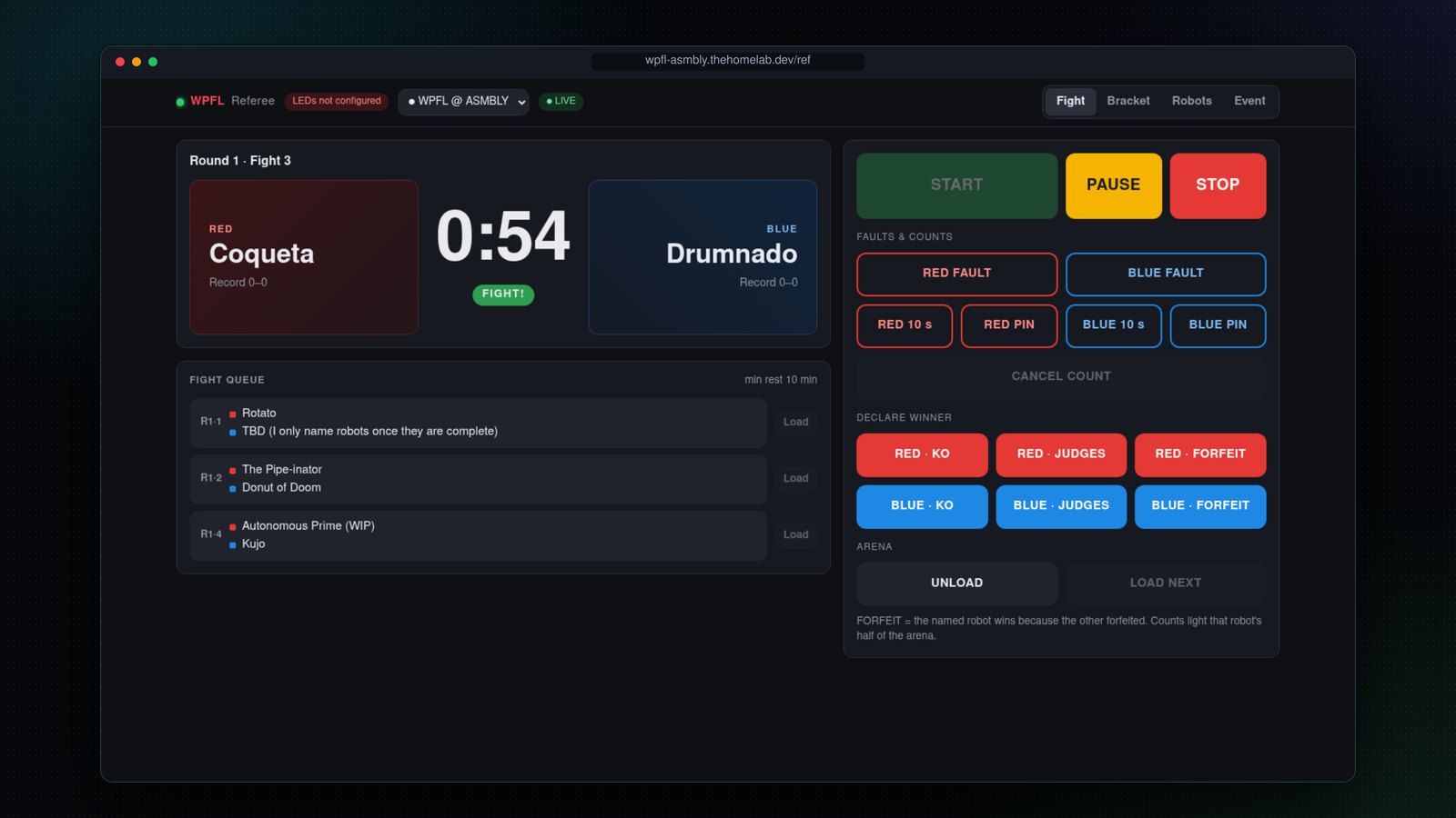 Referee console with fight controls and the fight queue